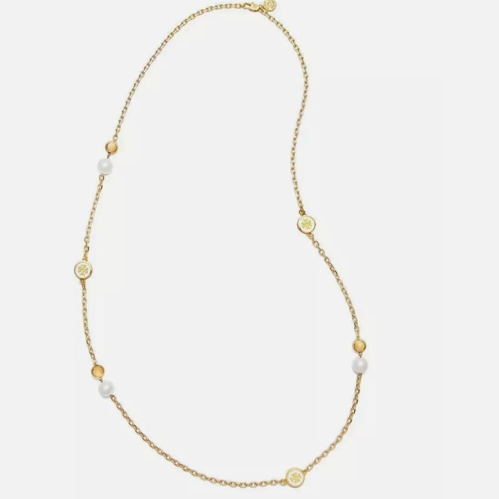 Tory Burch Lacquered Logo Convertible Rosary Necklace 36 in in Ivory NEW